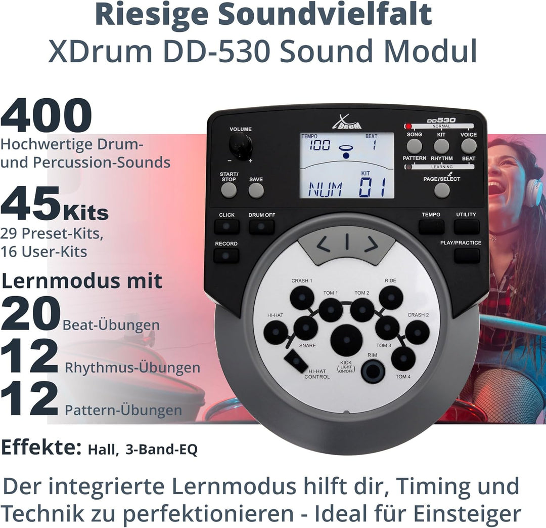 XDrum DD-530 E-Drum Set mit Mesh Heads - Elektronisches Schlagzeug mit 4 Becken Pads 5 Mesh Head Pad