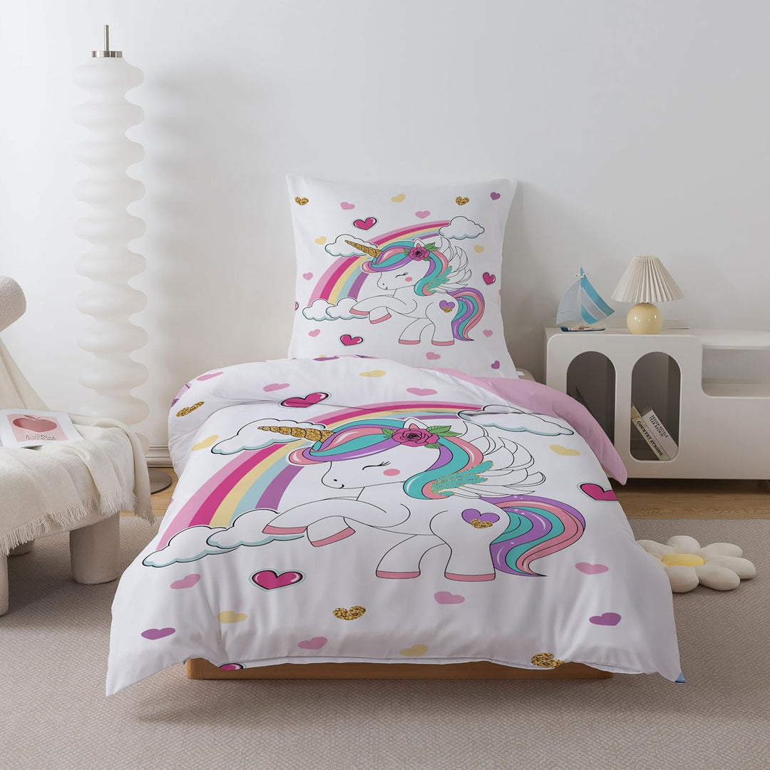 DJDEA Cartoon Bettwäsche 135 x 200 cm Kinder Weich Mikrofaser, Regenbogen Einhorn Motiv Bettwäsche-S