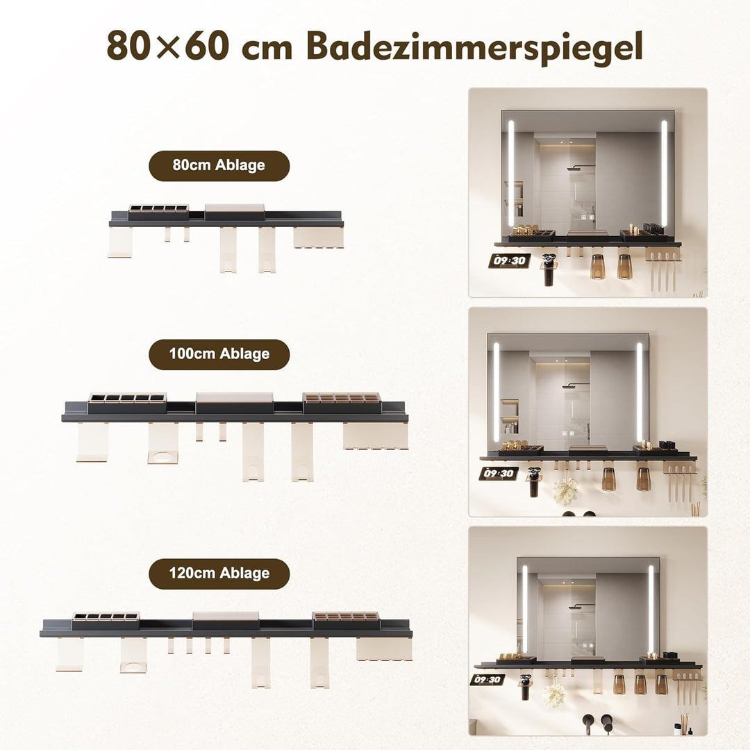 SONNI Badezimmerspiegel mit Beleuchtung 80x60 cm, LED Badspiegel mit Ablage 80cm, 3 einstellbare Lic