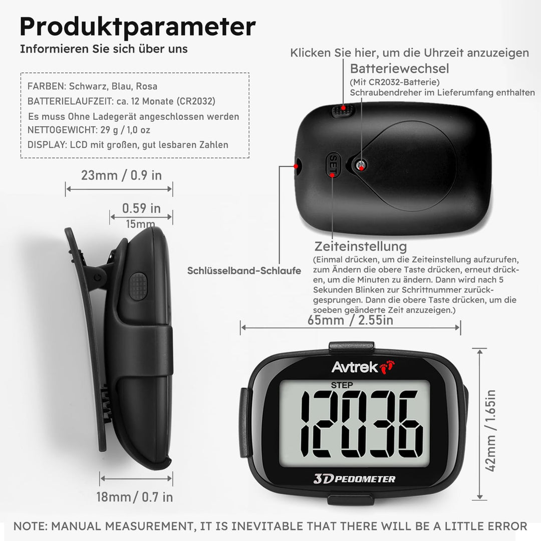 AVTREK Präziser 3D-Schrittzähler Mini-Schrittzähler für Walking oder Laufen im Freien Wanderaktivitä