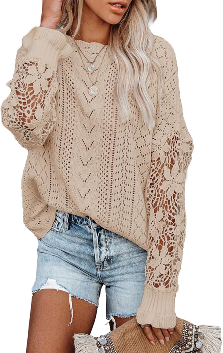 Maavoki Pullover Damen Spitze Strickpullover Lässige Rundhals Lace Langarm Häkelpullover Elegantes E