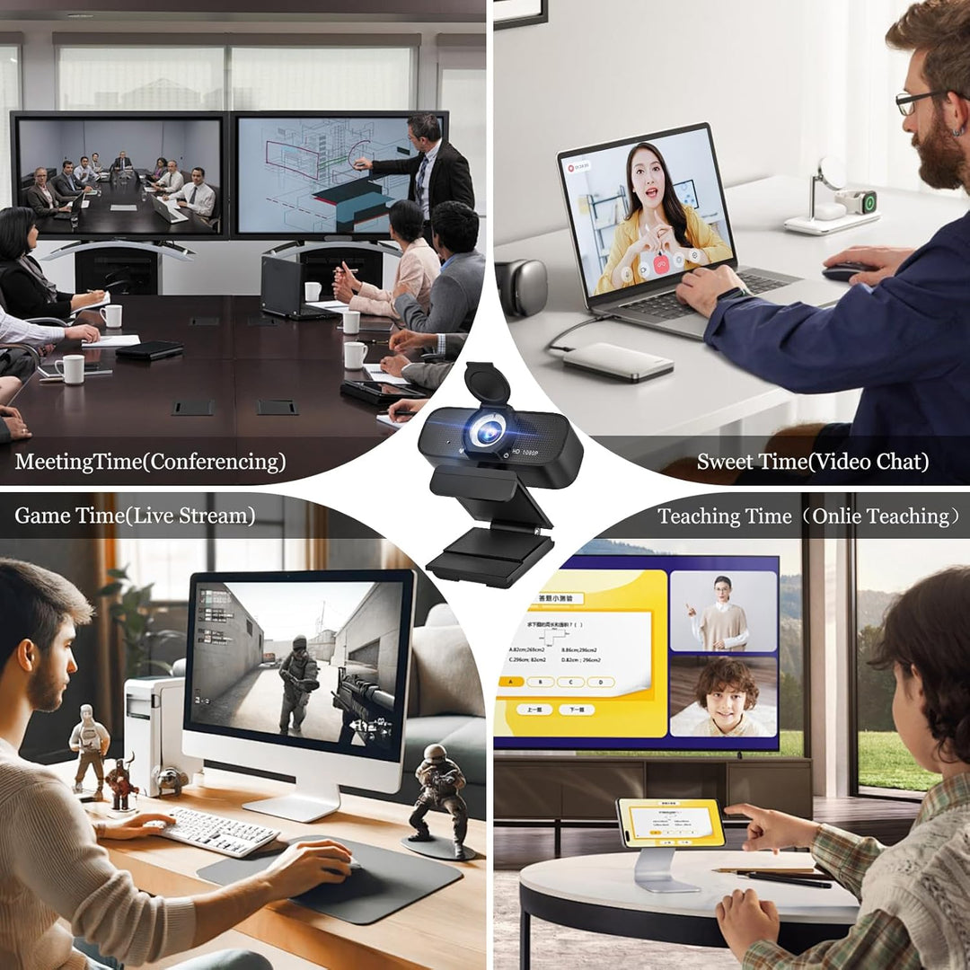 Full HD Webcam with Built-in Microphone and Rotatable Tripod, 1080P Video and Wide Angle Camera, Pri