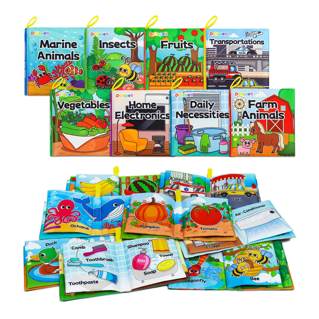 Dr.Rapeti 8 Stück Stoffbuch für Babys, Baby Soft Tuchbuch, Baby Pädagogisches Spielzeug, Vorschulspi
