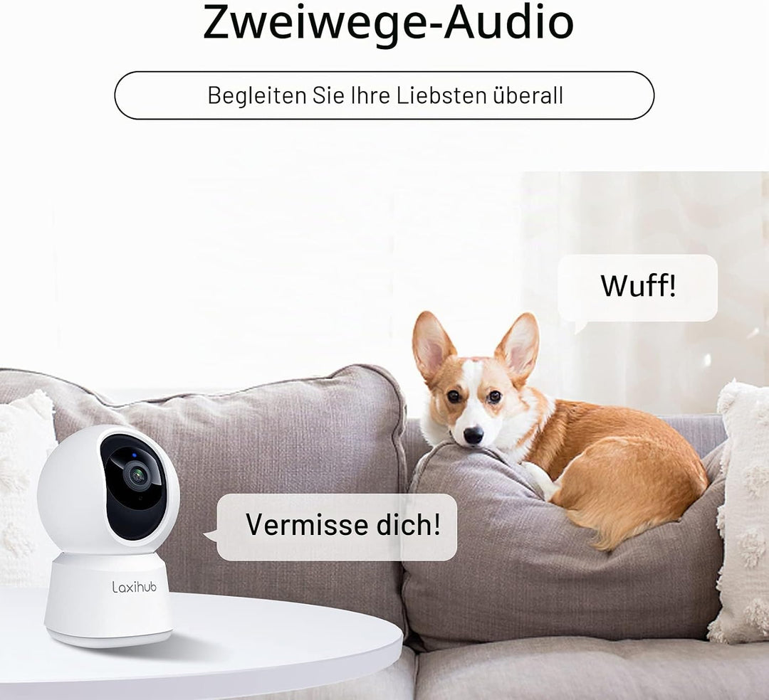 LAXIHUB Hundekamera mit App 2K/3MP HD Kamera Überwachung Innen 2,4 GHz, Hundekamera Nachtsicht Innen