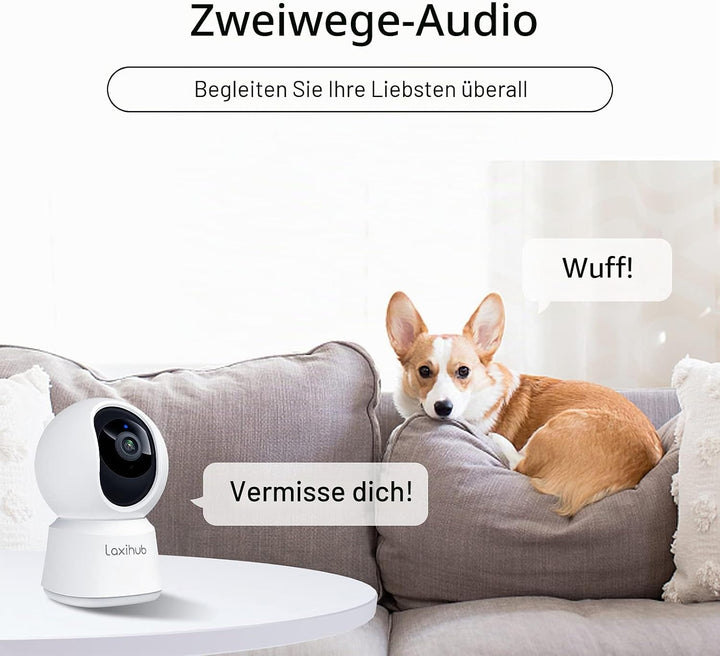 LAXIHUB Hundekamera mit App 2K/3MP HD Kamera Überwachung Innen 2,4 GHz, Hundekamera Nachtsicht Innen