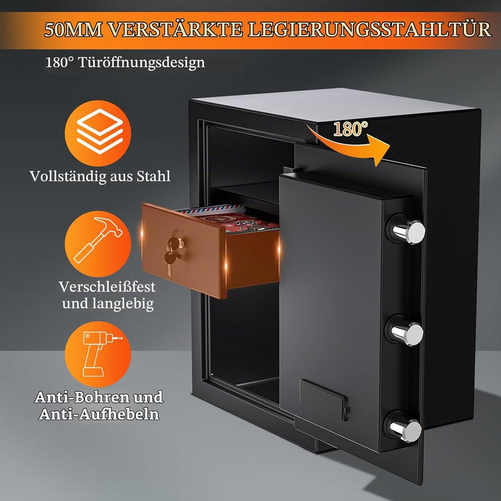 WASJOYE Tresor Feuerfest Wasserdicht Safe, Gross Möbeltresor mit Schlüssel, Elektronischem Tresor mi