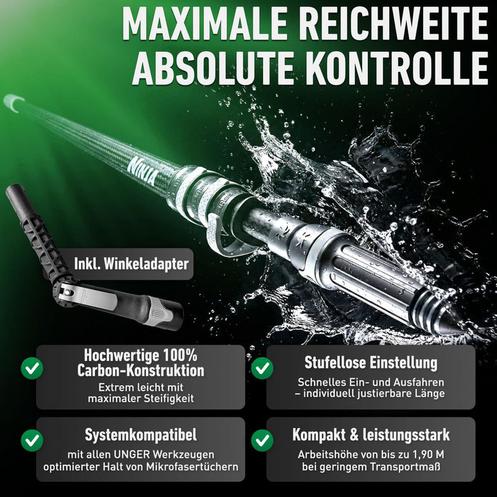 UNGER Ninja Profi Fensterreiniger 6in1 Carbon Stangen-Kit – Premium Fensterputzer Set mit Carbon-Tel
