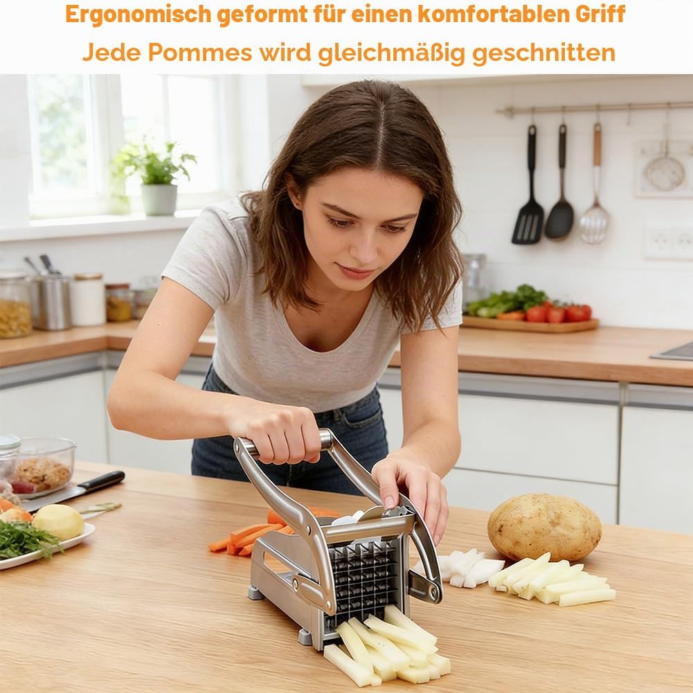 Pommesschneider Edelstahl, Pommespresse mit 2 Schneideeinsätzen, Multifunktionaler Kartoffelschneide