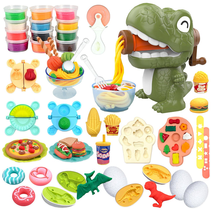 Dinosaurier Knete Set 42-teilig mit Kitchen Creations Nudelmaschine,5 Dino Eierformen,12 Farben Knet