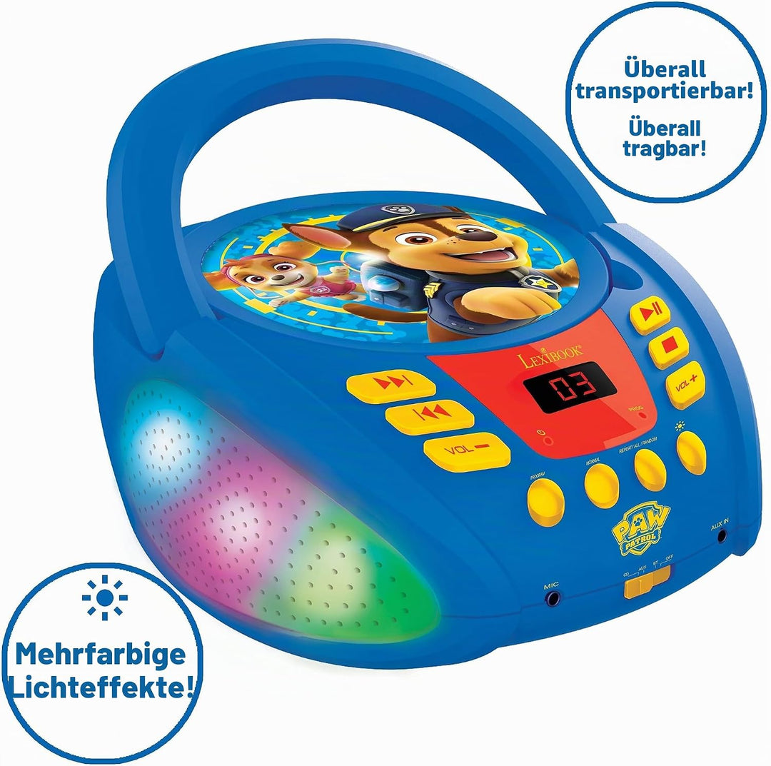 Lexibook - Paw Patrol - Bluetooth-CD-Player für Kinder - Tragbar, Lichteffekte, Mikrofonbuchse, Aux-