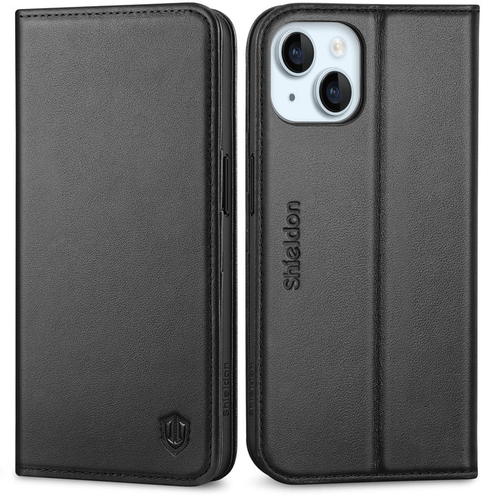 SHIELDON Hülle für iPhone 15 5G, Stossfest Handyhülle [Echtleder] [Kartenfach] [Magnet] [Standfunkti