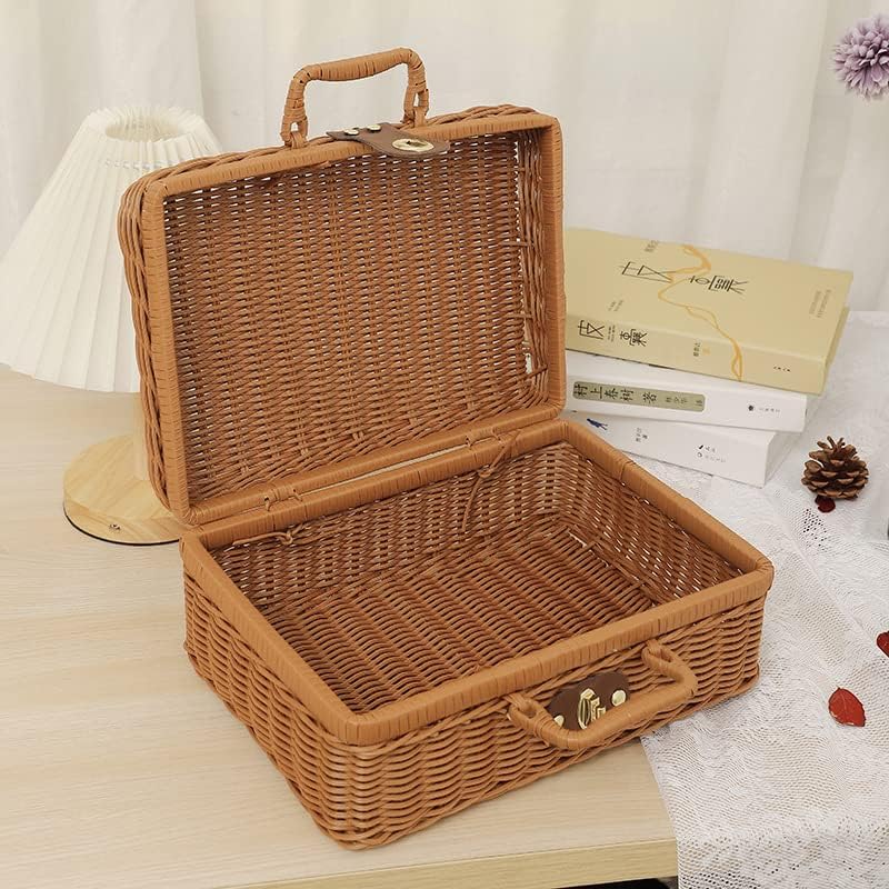 Weiden Picknickkorb, Retro Gewebte Picknickbox, Kunststoff Rattan Koffer Picknickkorb mit Griffen un