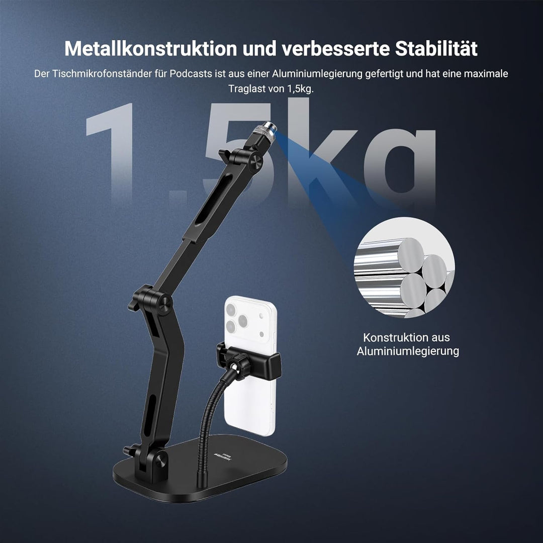NEEWER Microphone Stand, Tisch Mikrofonständer mit Handyhalterung flexiblem Arm, verstellbare Mikrof