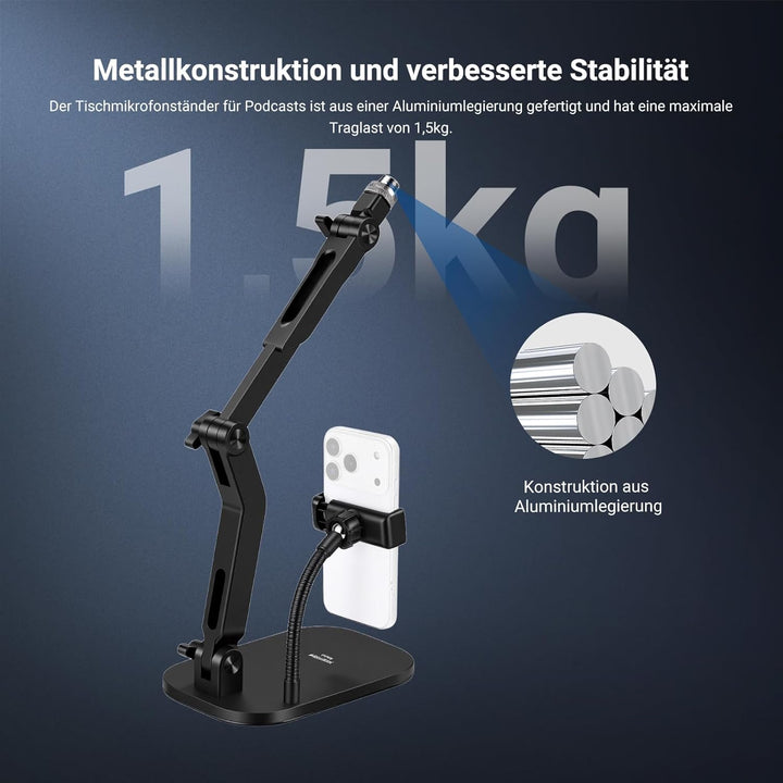 NEEWER Microphone Stand, Tisch Mikrofonständer mit Handyhalterung flexiblem Arm, verstellbare Mikrof
