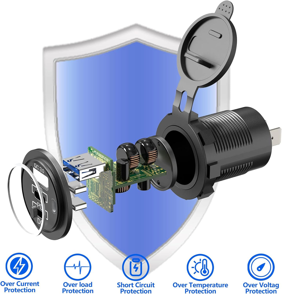 (3-USB 66W) 12V USB C Steckdose Einbau: PD3.0 Typ C USB Buchse Wasserdicht 12 Volt KFZ Dose Zigarett