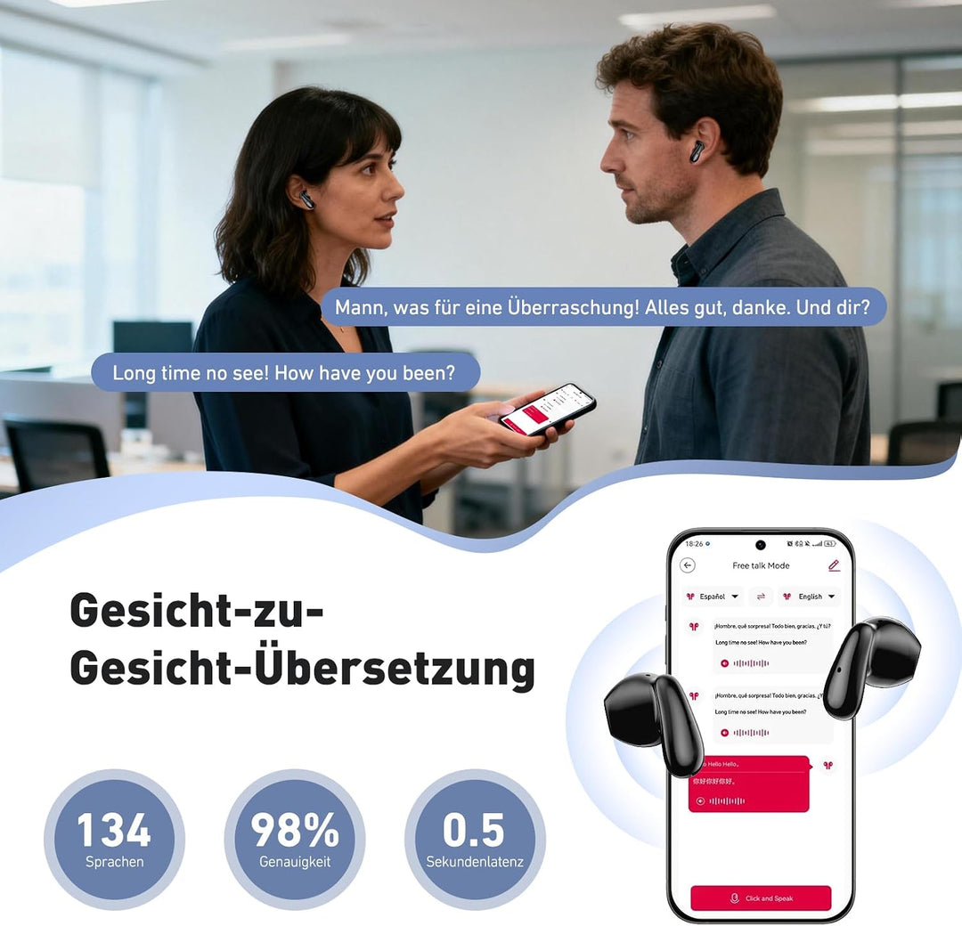 MS102 KI Übersetzer Kopfhörer, 3-in-1 Übersetzungskopfhörer für 134 Sprachen, Bluetooth 6.0 Sprachen