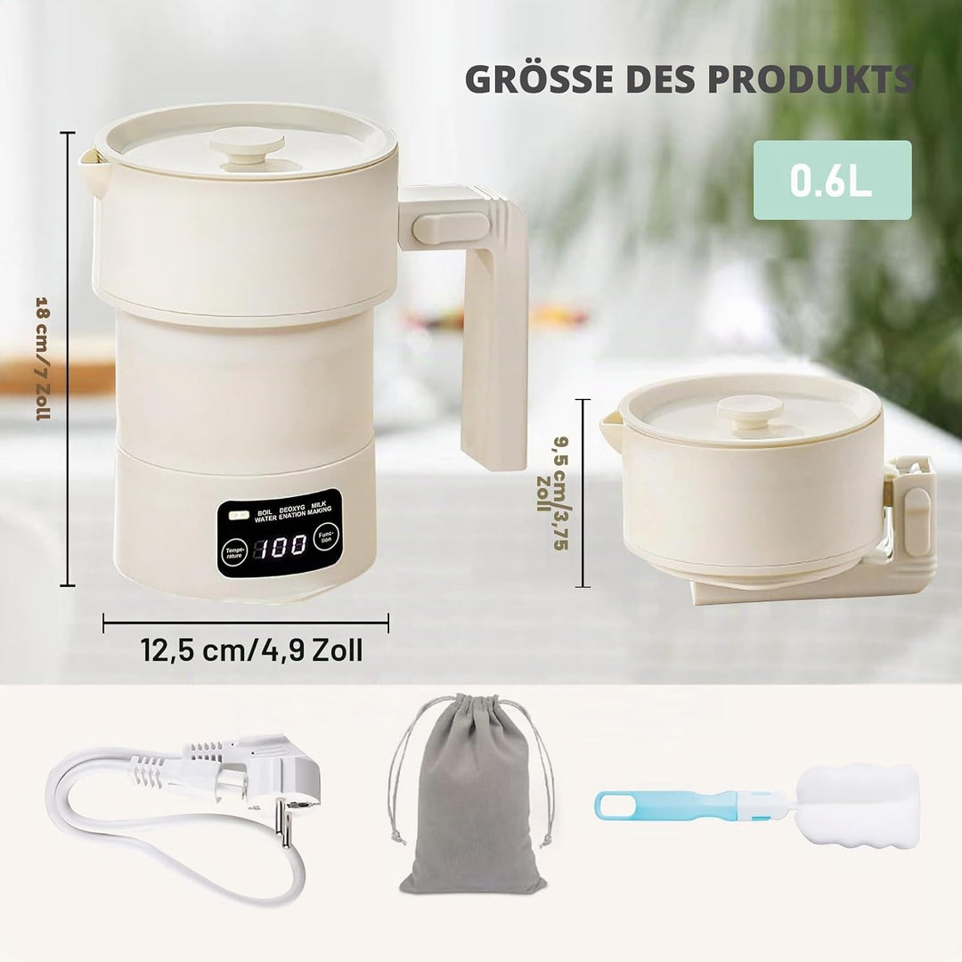 Faltbarer Wasserkocher 600ml, Tragbarer Reisewasserkocher Klein, Wasserkocher Camping mit 9 Temperat