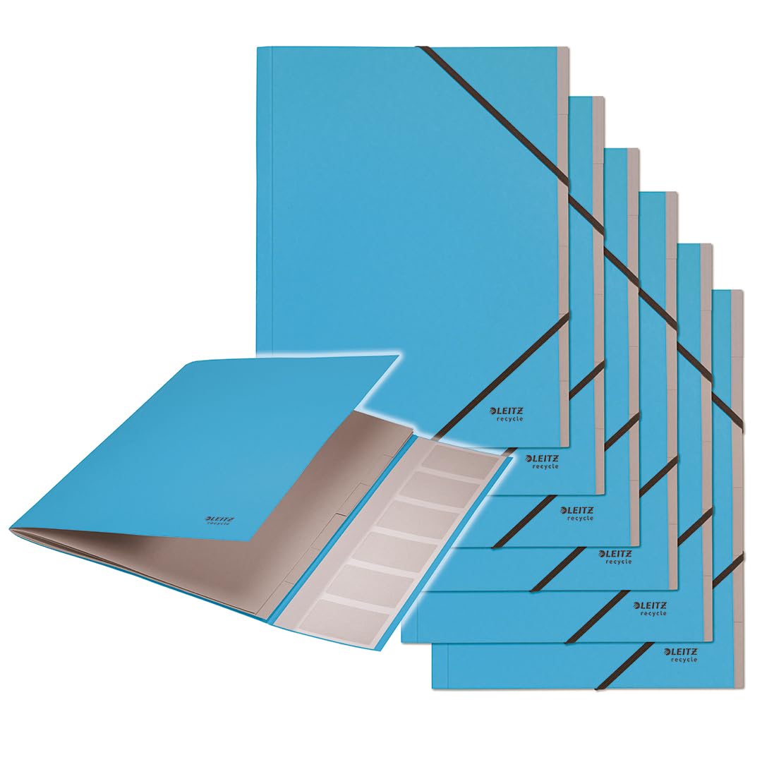 Leitz Recycle Ordnungsmappe A4, 6er Pack, Projektmappe mit 6 Fächern mit Index, Recycle Serie, Blau,
