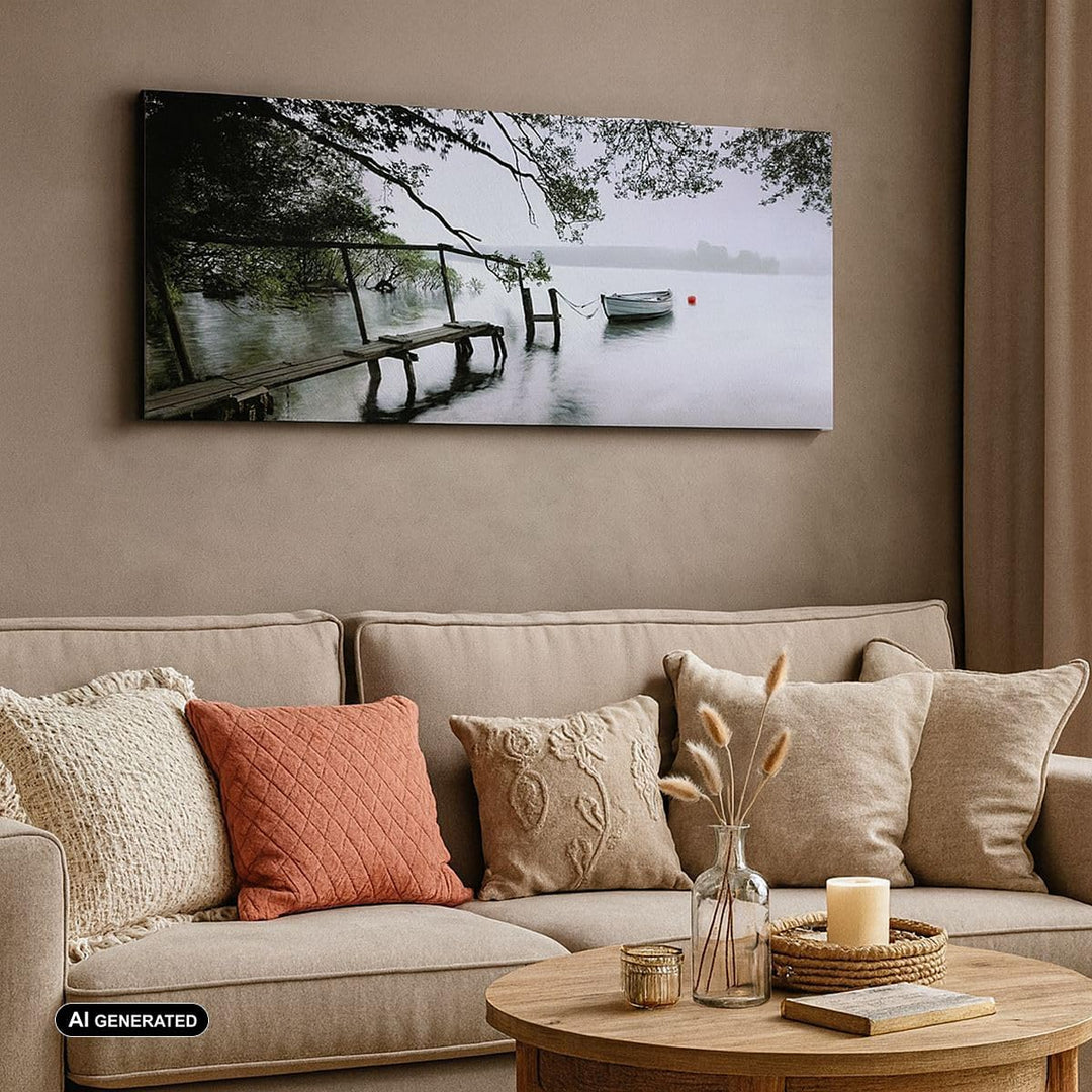 Wandbilder Dekoration Wohnzimmer See Dock Boot Bäume Panorama Bilder auf Leinwand 120x50cm Leinwandb