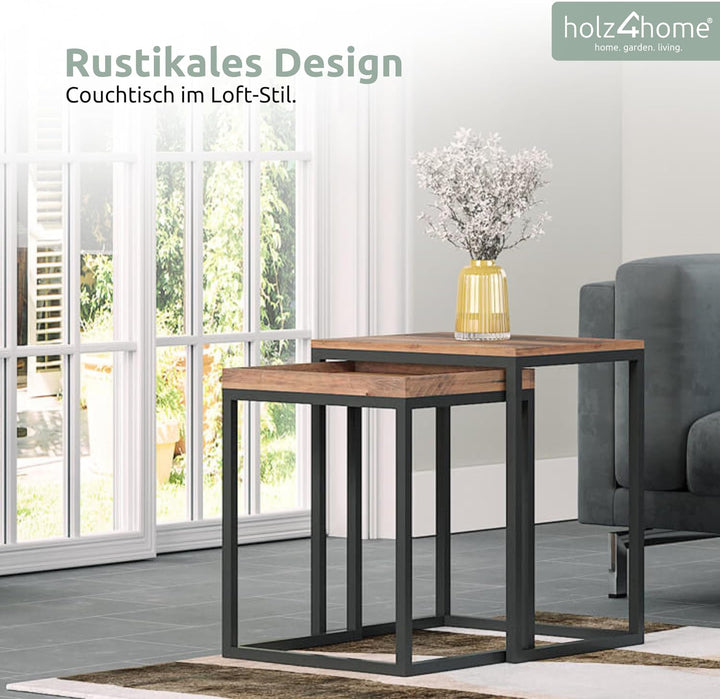 holz4home® Couchtisch Eckig, 2er Set Lannies | 45x40x55 cm | einfache Montage | Industrial-Look Brau