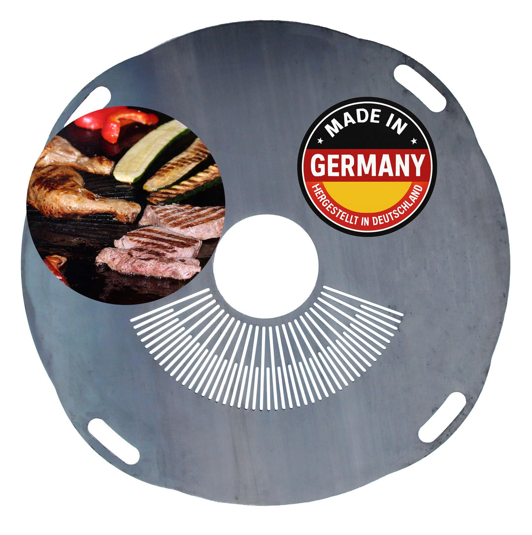 Premium Feuerplatte 100 cm - 5mm dick - Grillring & BBQ-Platte (mit Feinem Grillrost) & 4 Handgriffe