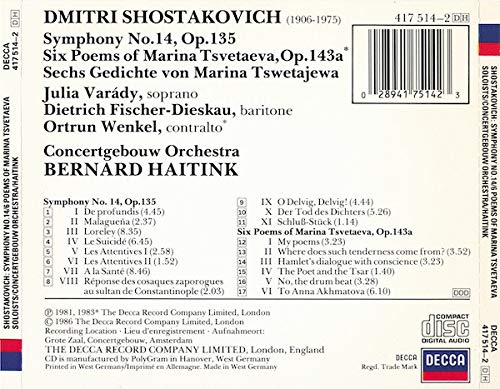 Shostakovich: Symphony No. 14/6 Poems of Marina Tsvetaeva, Audio-CD