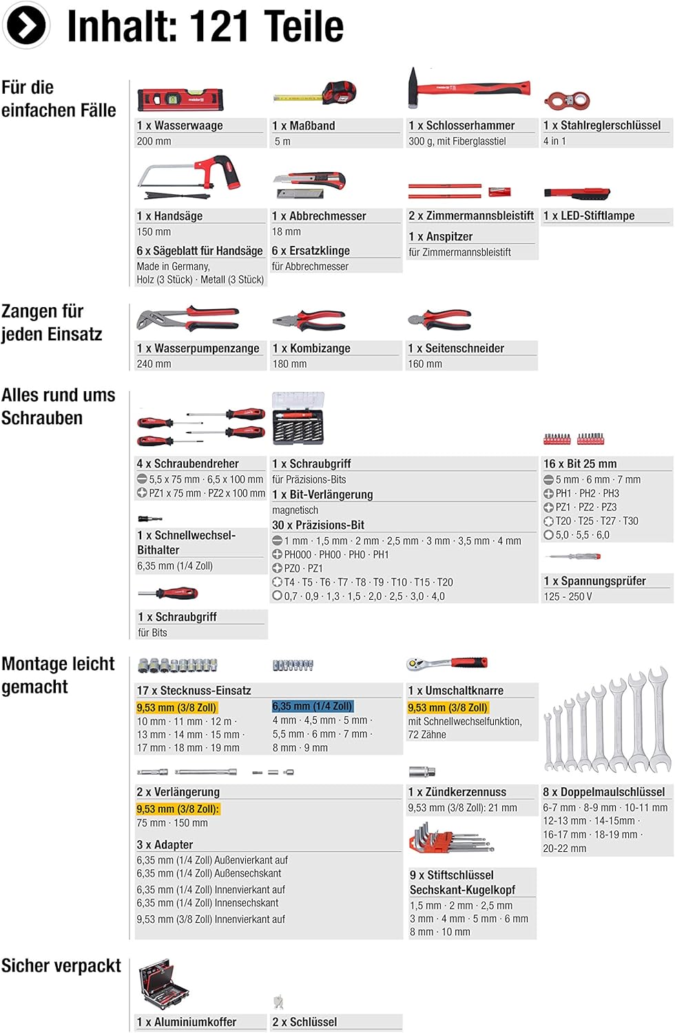 Meister Werkzeugkoffer 121-teilig - Stabiler Alu-Koffer - Werkzeug-Set - Für Haushalt, Garage & Werk