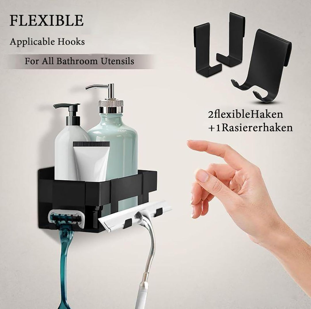 Duschregal Ohne Bohren, Edelstahl Duschablage Schwarz Mit 2 Haken Und Rasiererhalter, Shampoo Halter