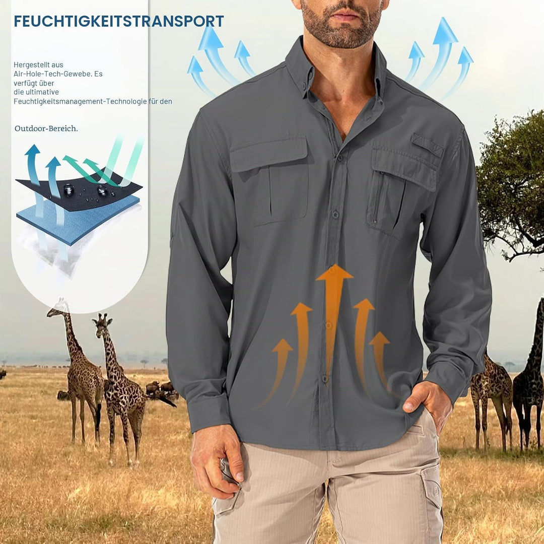 Hemd Herren Safari UPF50+ UV Schutz Wanderhemd Herren Langarm Funktionshemd Outdoorhemd Atmungsaktiv