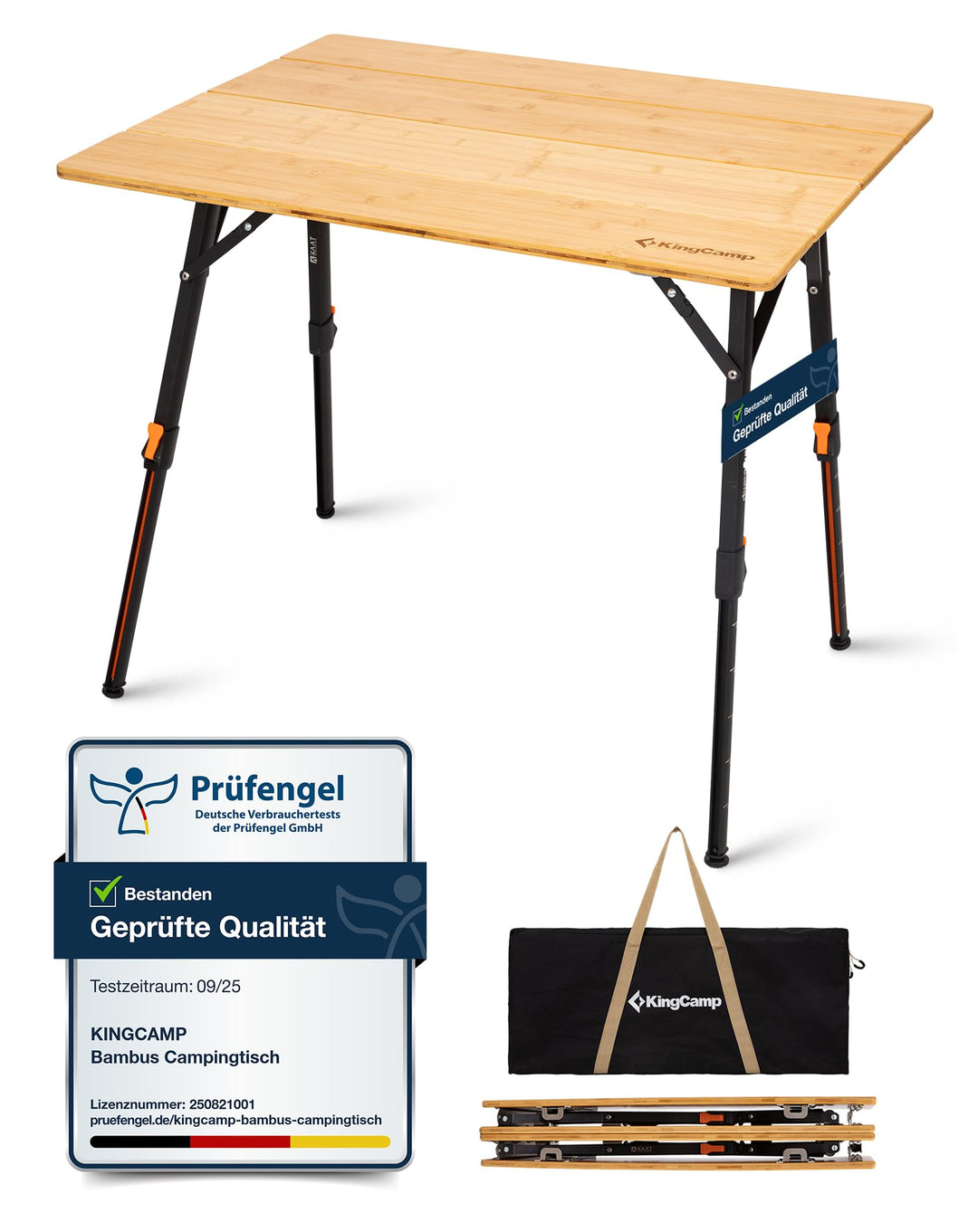 KingCamp Campingtisch Bambus 80 x 60 cm Klapptisch höhenverstellbar 42~70cm für 2-4 Personen 4 Falte
