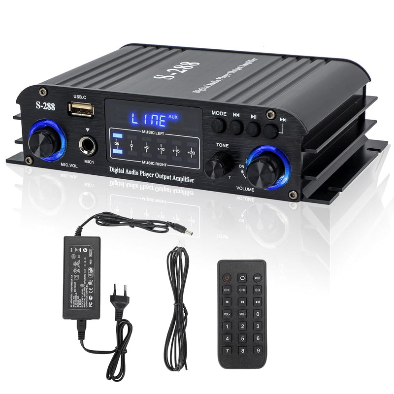 4 Kanal Mini Verstärker, 1200 W HiFi-Verstärker, Bluetooth 5.0-Stereoverstärker, UKW-Radio, tragbare