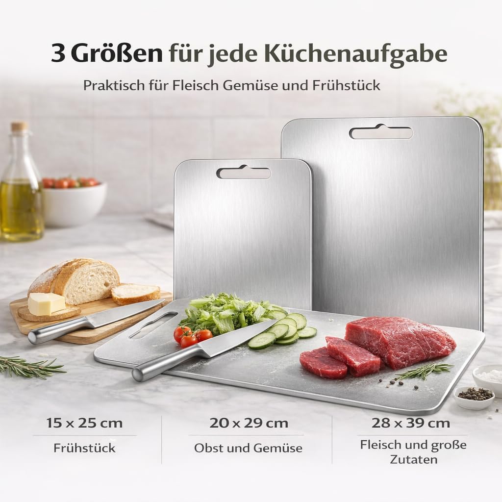3 PCS Titan Edelstahl Schneidebrett Set multifunktionales Metall Küchenbrett, beidseitig nutzbar hyg