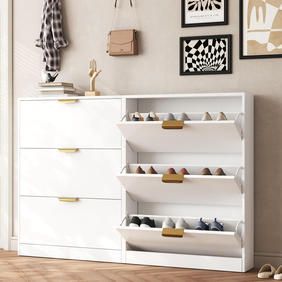 VOWNER Schuhschrank mit 3 Klappen Schmal Schuhkipper Weiss 80x17x108 cm | Platzsparender Schuhregal