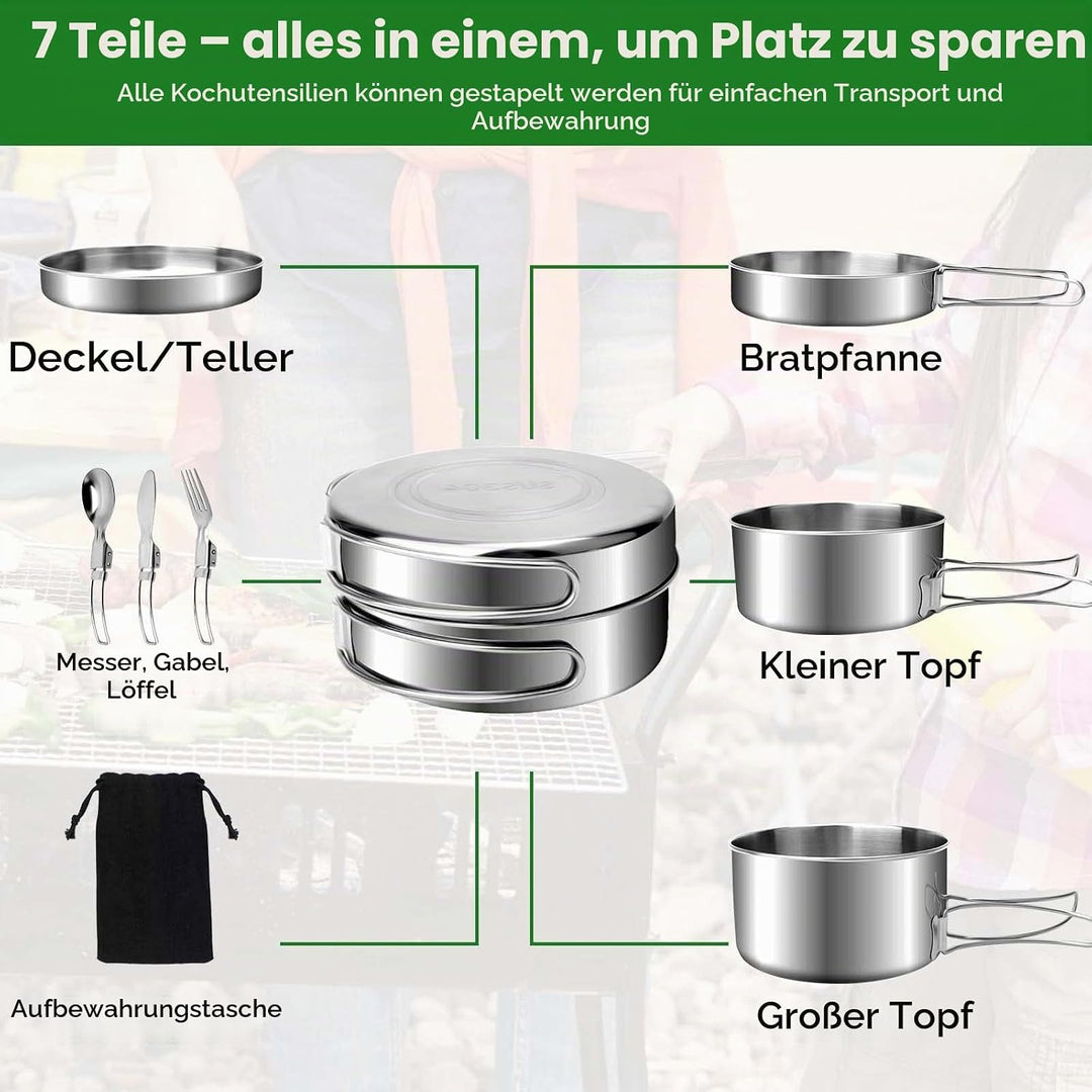 7 St¨¹ck Edelstahl Camping Kochgeschirr Set, Outdoor Kochgeschirr mit Faltbare Besteck, 1-2 Personen