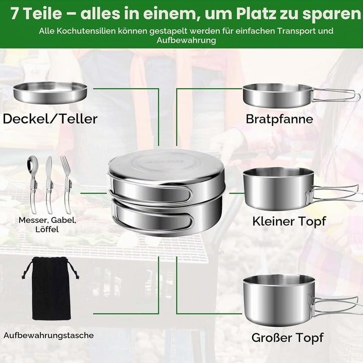 7 St¨¹ck Edelstahl Camping Kochgeschirr Set, Outdoor Kochgeschirr mit Faltbare Besteck, 1-2 Personen