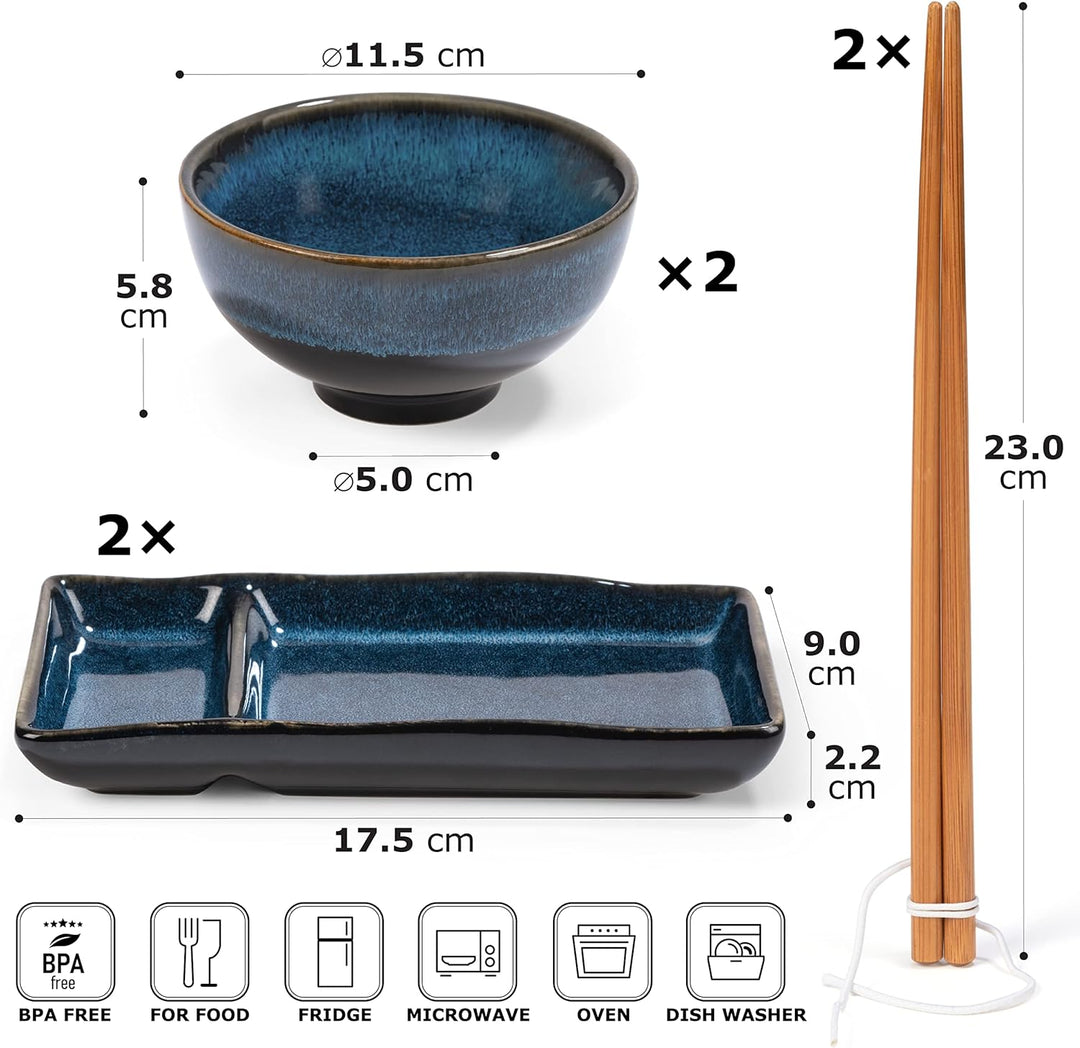 Sushi Geschirr set "Misaki" für 2 Person, Set Japanischer für Miso Suppe Maki Reis, aus 2 Teller Set