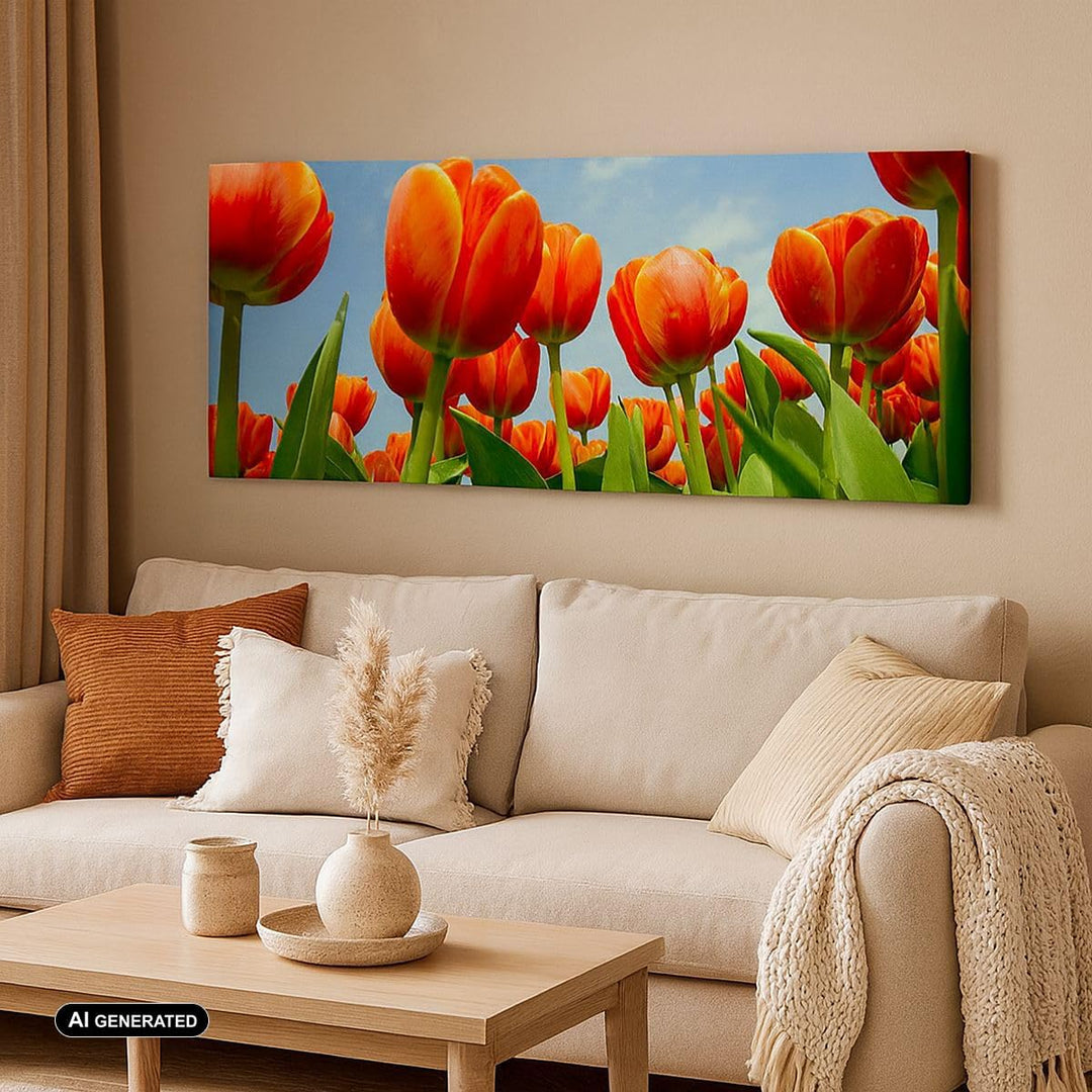 Panorama Bilder auf Leinwand 100x40cm Leinwandbild Tulpe Blume blauer Himmel Gross Wanddeko Bild Sch