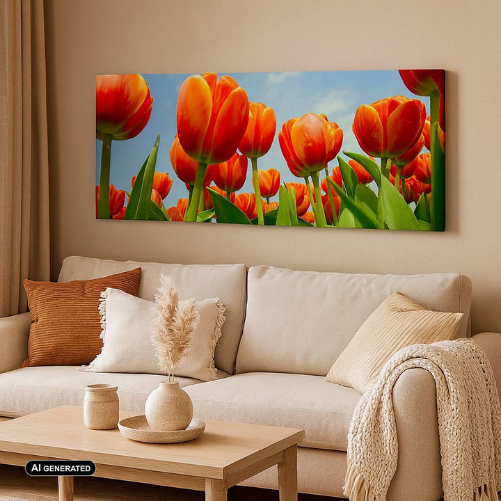 Panorama Bilder auf Leinwand 100x40cm Leinwandbild Tulpe Blume blauer Himmel Gross Wanddeko Bild Sch