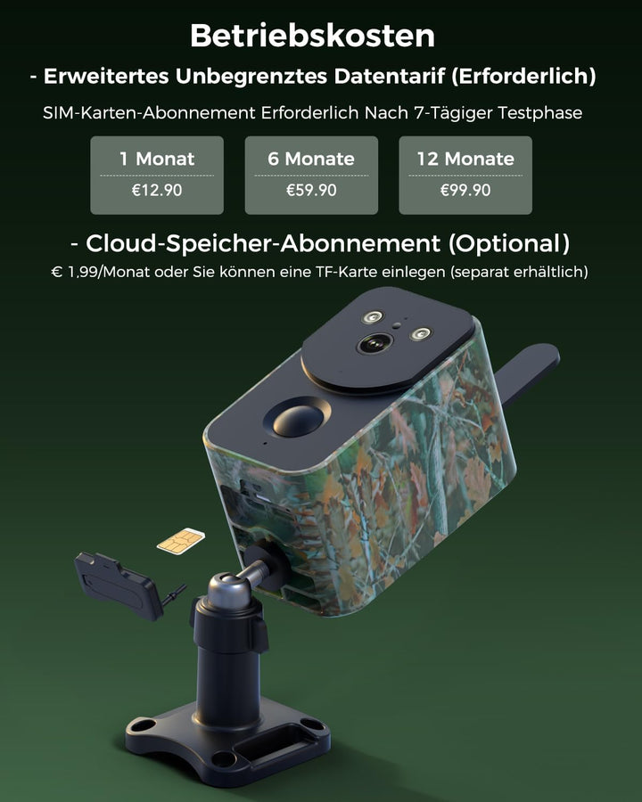 Xega 4G LTE Solar Überwachungskamera mit SIM-Karte,10000mAh Akku,OHNE WLAN | Kabellos Kamera Überwac