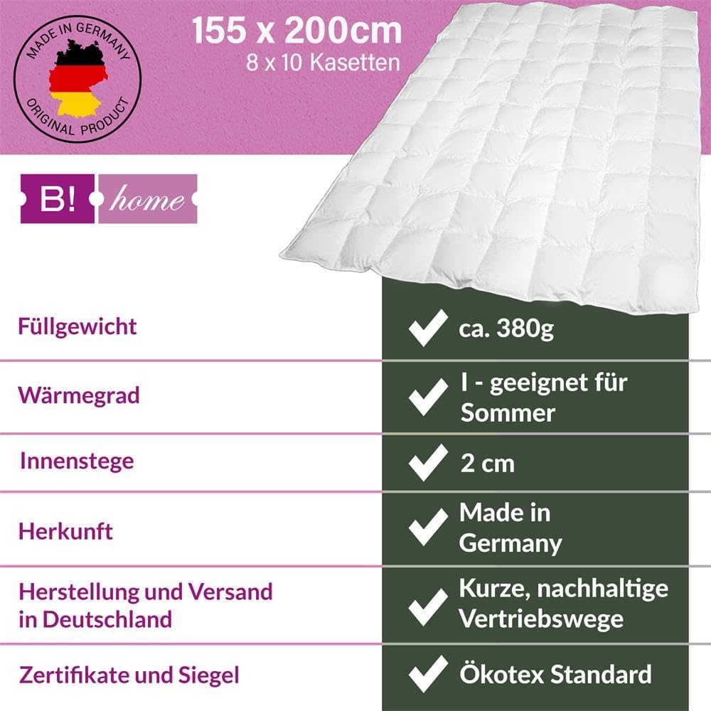 B!HOME Sommerdecke 100% Daunen 155x200cm (380g) Bezug 100% Baumwolle Decke Sommerbett Bettdecke Step