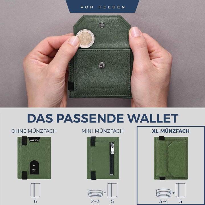 VON HEESEN Slim Wallet mit XL Münzfach & RFID-Schutz - Leder Geldbeutel - Mini Geldbörse für Herren