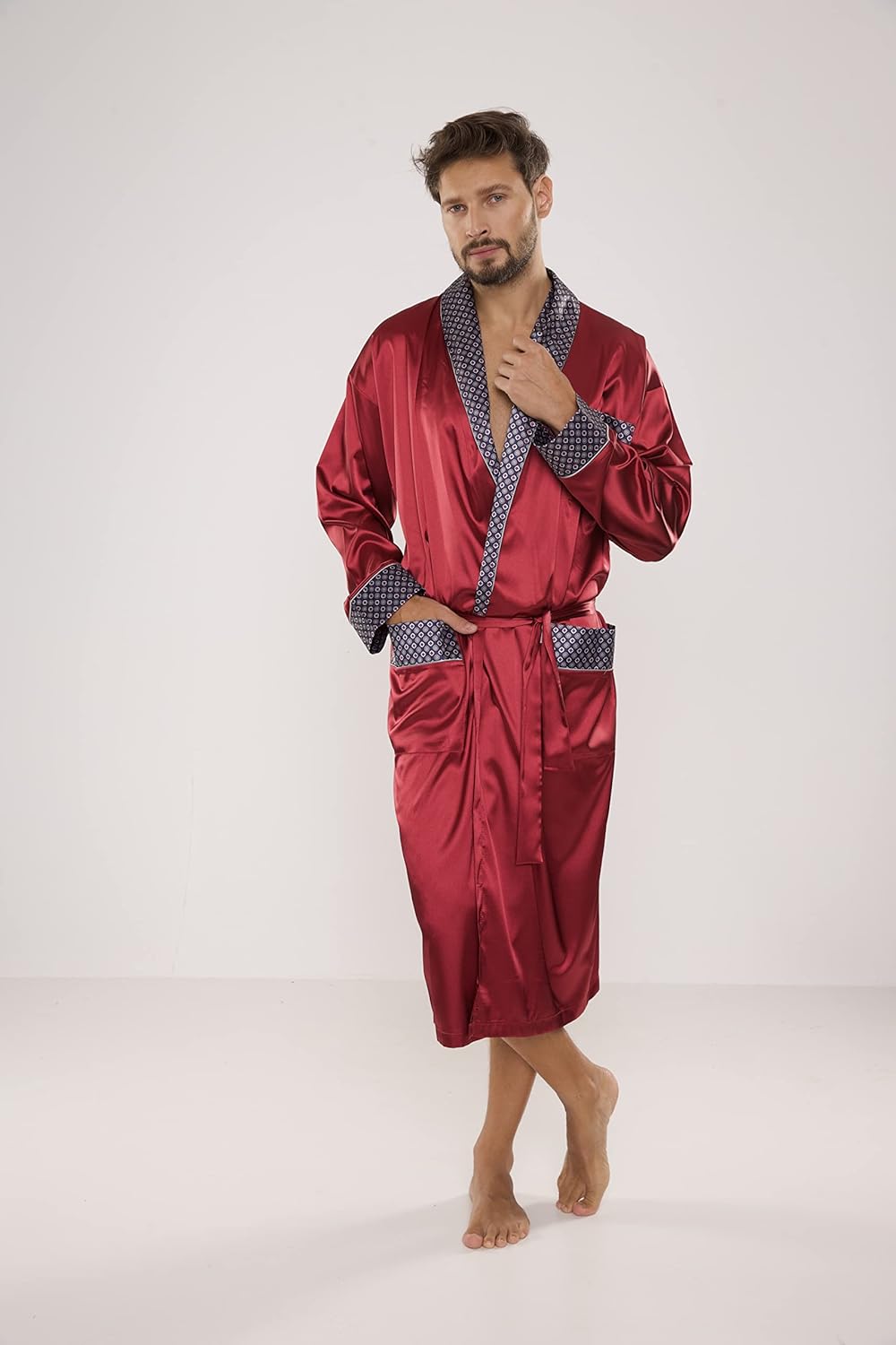 FOREX Lingerie edler und hochwertiger Satin-Bademantel Herren-Mantel im tollen Design 3XL Bordeaux,