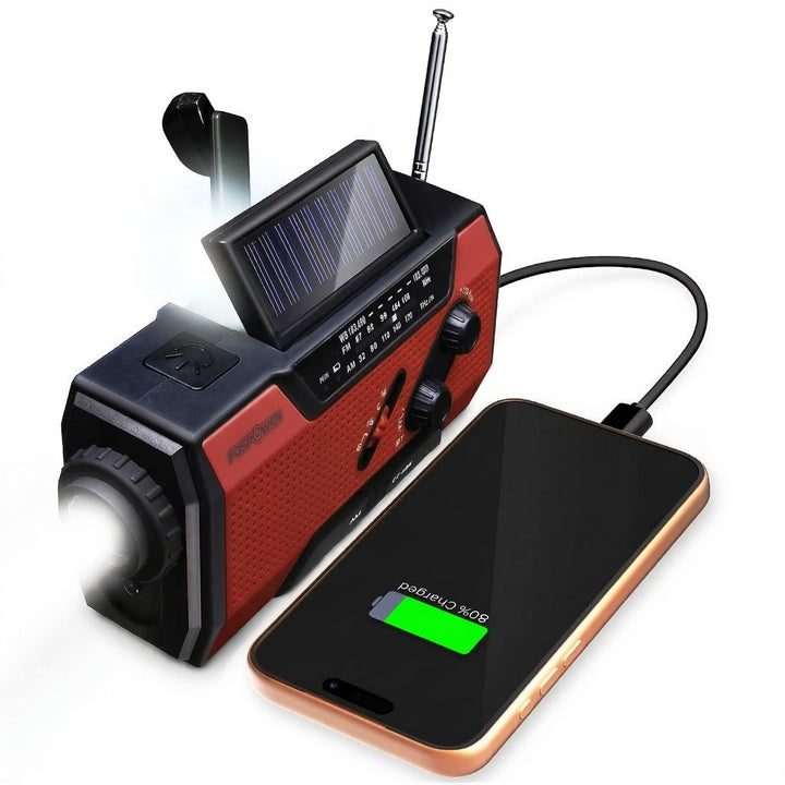 FosPower - Notfallradio NOAA/AM/FM mit 7400mWh Tragbare Powerbank - Aufladung per USB/Solar/Handkurb