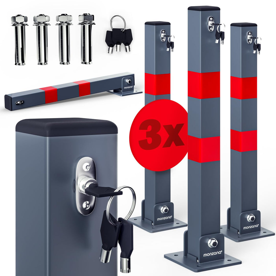 DEUBA® 3x Parkpfosten Parkplatzsperre 3 Schlüssel Sperrpfosten klappbar Stahl Robust Standfuss Stabi