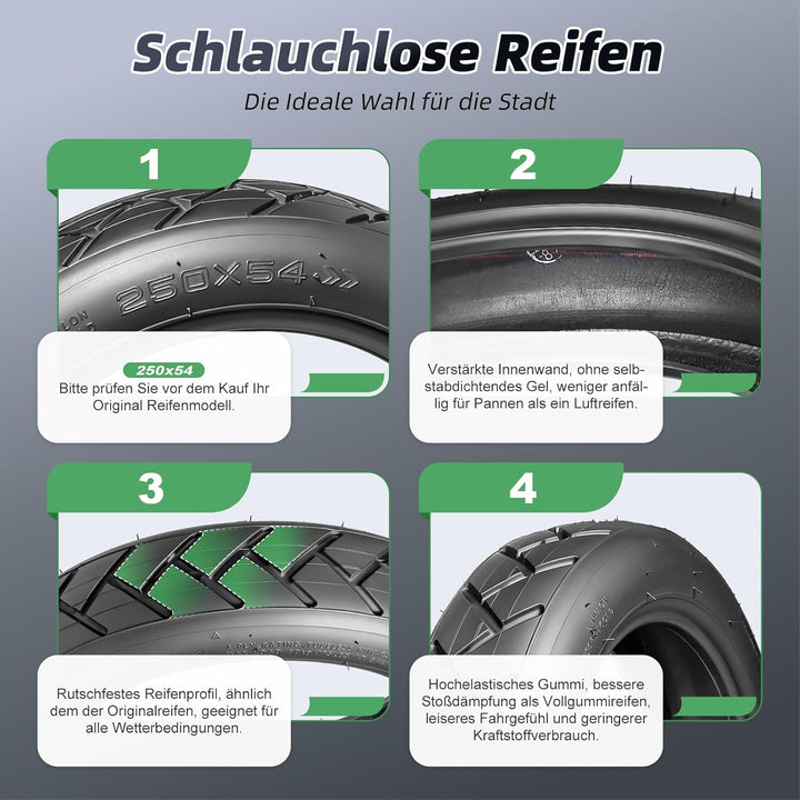 250 x 54 Reifen Schlauchlose für Xiaomi Mi4 Pro/Lite Elektroroller, 10 x 2,125 Reifen für Ninebot F2
