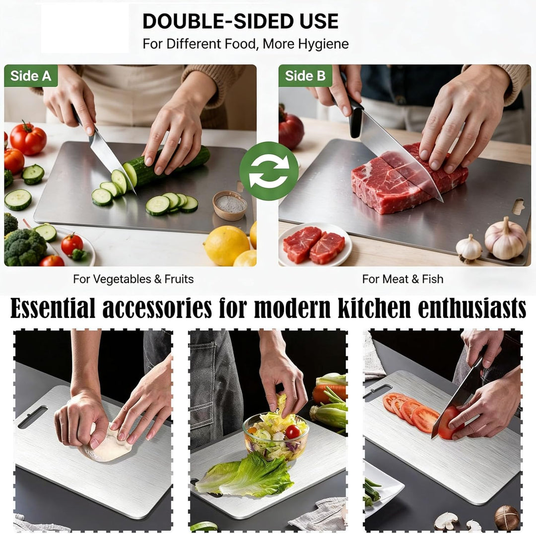 Edelstahl Schneidebrett Set 3-teilig, 1mm Ultra-Dünn & Flexibel, Spülmaschinenfest & Rostfrei, Doppe