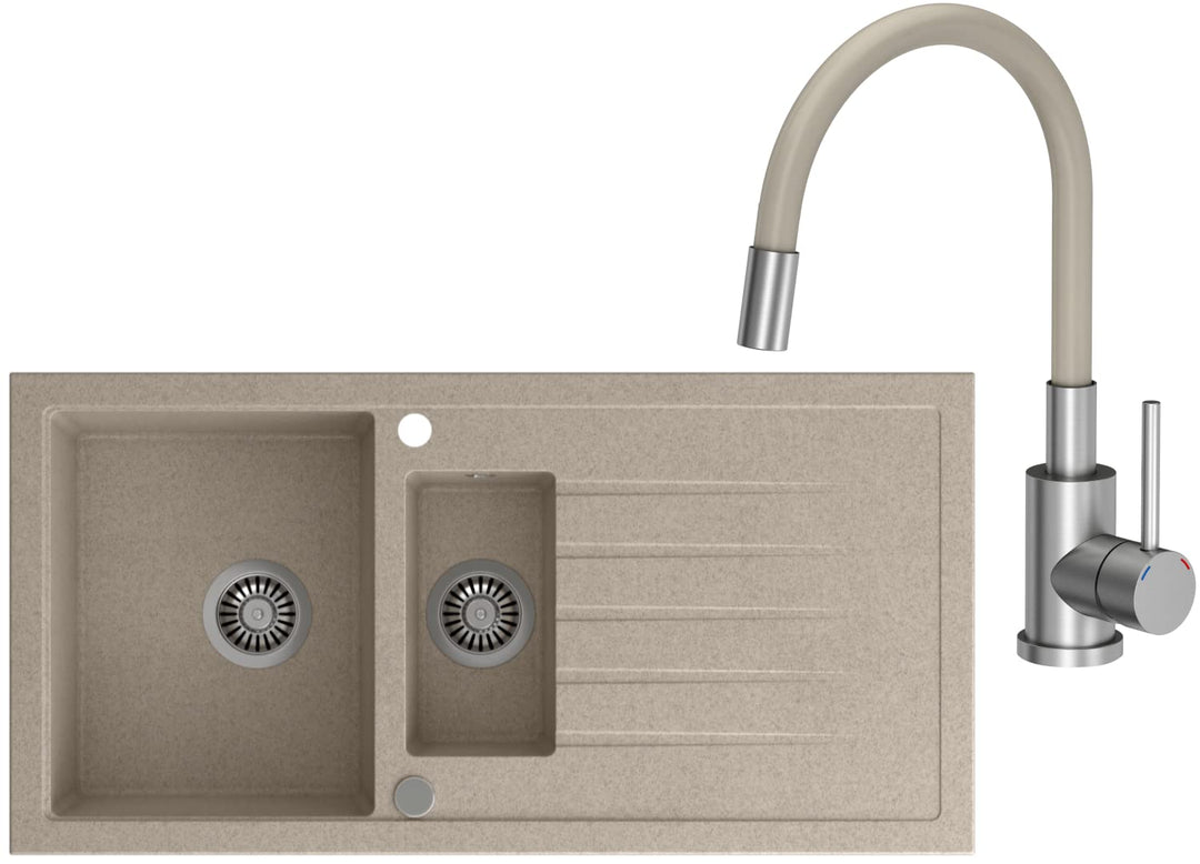 VBChome Spülbecken mit Armatur 100 x 50 cm Einzelbecken Beige Granit Rechteckig Reversibel Einbauspü