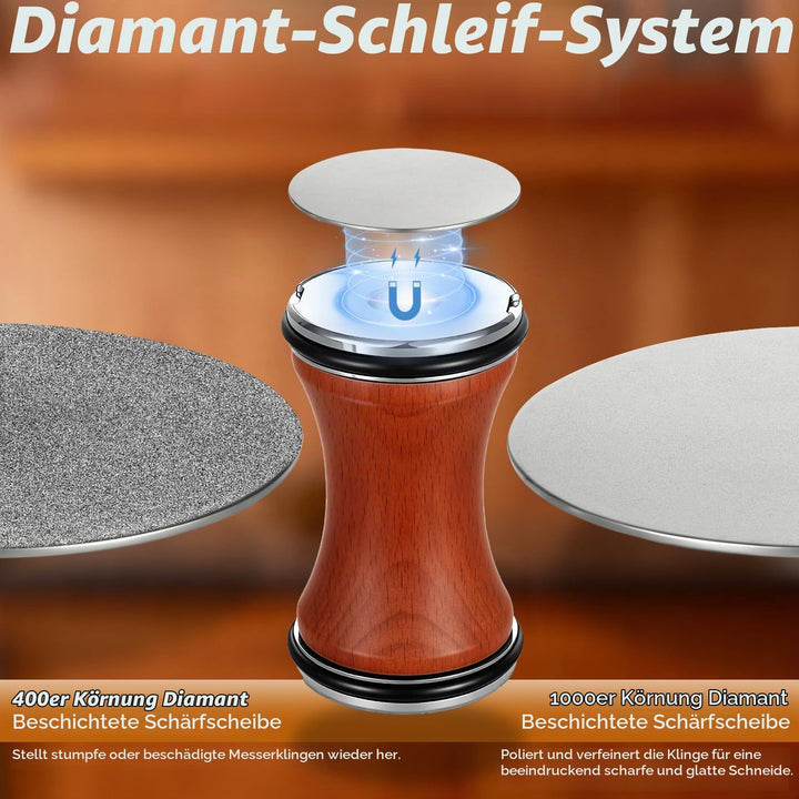 Rollschleifer Messerschärfer mit 6 Magnetwinkeln (12°/15°/17°/19°/22°/25°), 4 Diamant-Schärfklingen