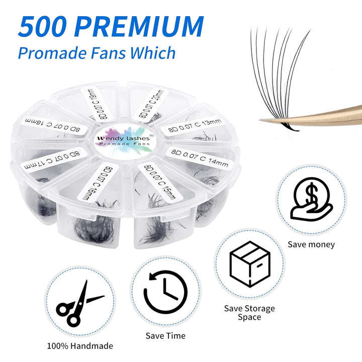 Fertige Fächer Wimpern Gefächerte Wimpern 8D 500 Stück 13-20mm D Curl 0,07mm Premade Volumen Fans Wi