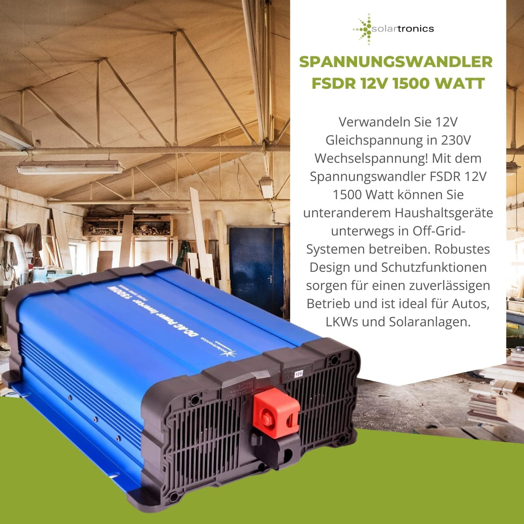 solartronics Spannungswandler FS1500DR 12V 1500/3000 Watt Reiner Sinus BLAU kein Display FS Serie In